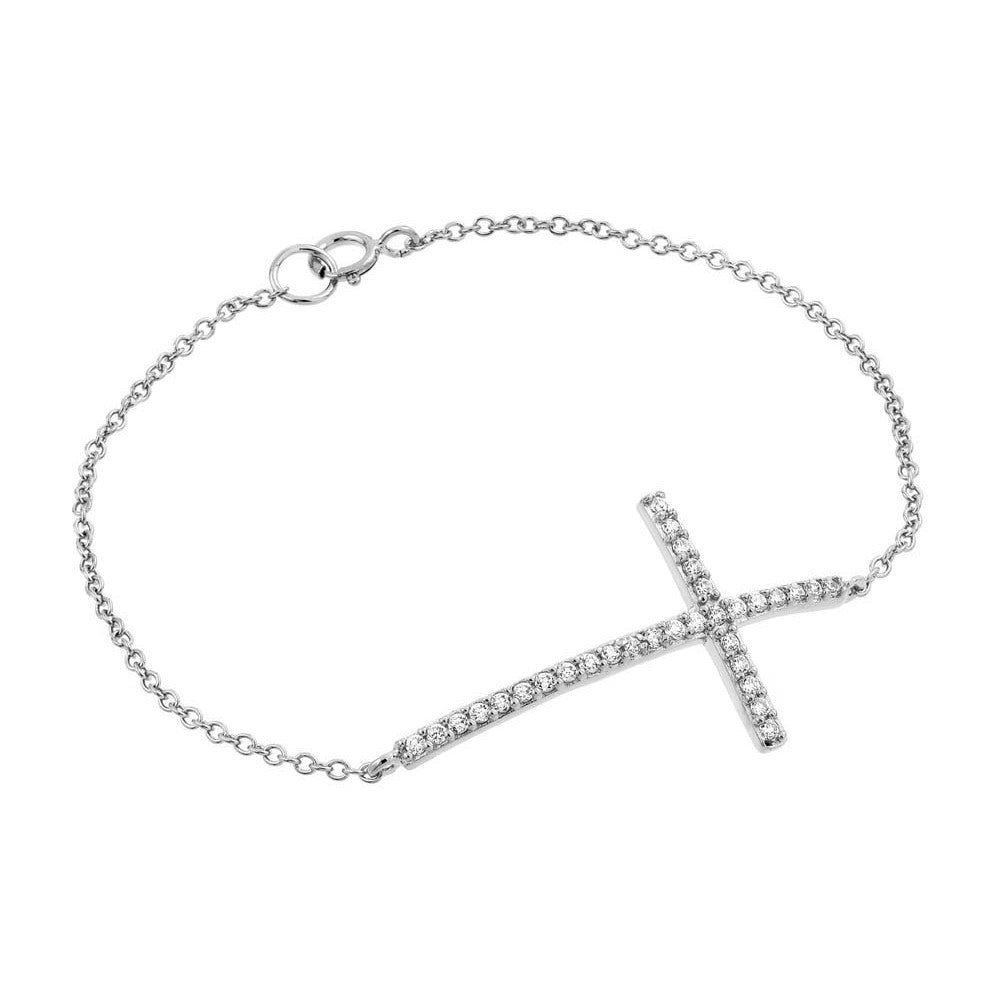 Sterling Silver Bracelet with Sideways Cross Charm Paved with Clear Simulated Diamonds