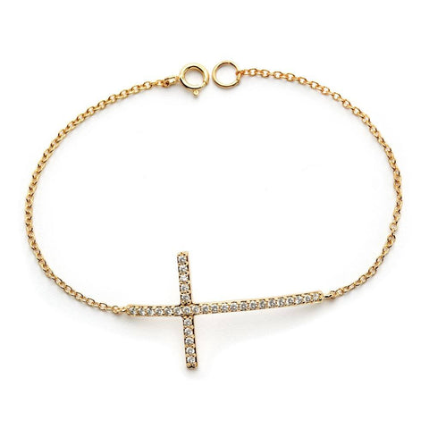 Sterling Silver Yellow Gold Plated Bracelet with Sideways Cross Charm Paved with Clear Simulated Diamonds