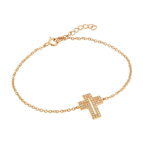 Sterling Silver Rose Gold Plated Bracelet with Open Cross Charm Paved with Clear Simulated Diamonds