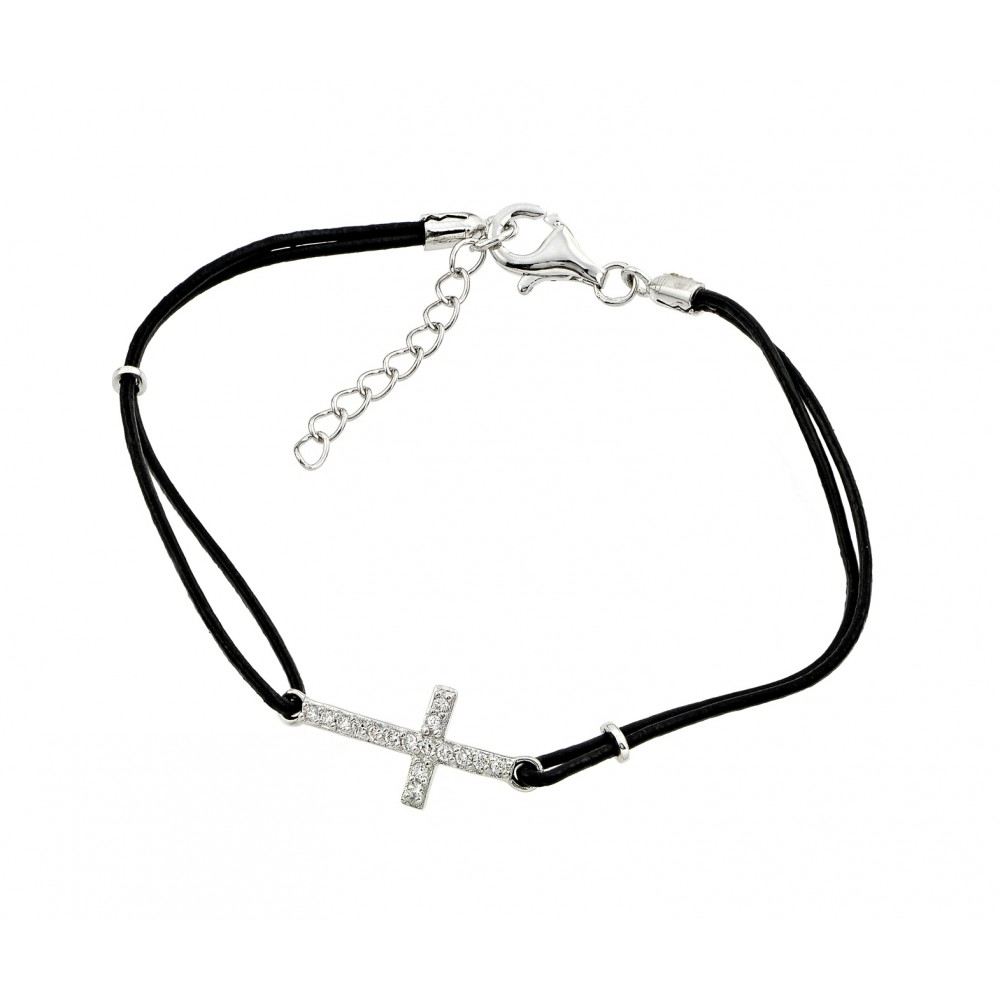 Black Leather Cord Bracelet with Sterling Silver Sideways Cross Charm Paved with Clear Simulated Diamonds