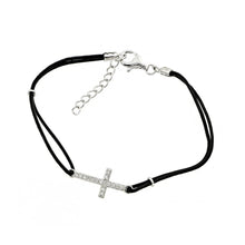 Load image into Gallery viewer, Black Leather Cord Bracelet with Sterling Silver Sideways Cross Charm Paved with Clear Simulated Diamonds