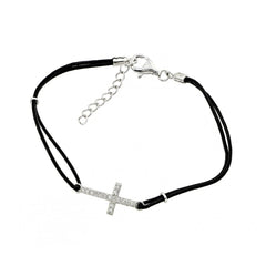 Black Leather Cord Bracelet with Sterling Silver Sideways Cross Charm Paved with Clear CZ
