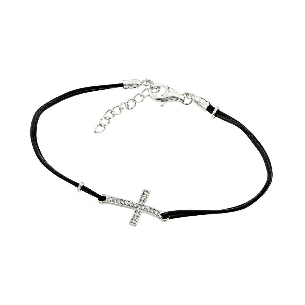 Black Leather Cord Bracelet with Sterling Silver Sideways Cross Charm Paved with Clear CZ