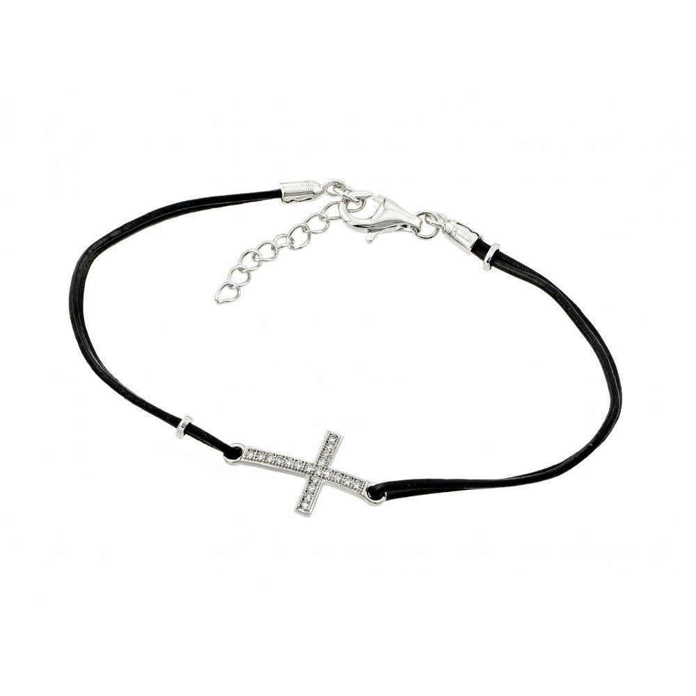 Black Leather Cord Bracelet with Sterling Silver Sideways Cross Charm Paved with Clear Simulated Diamonds