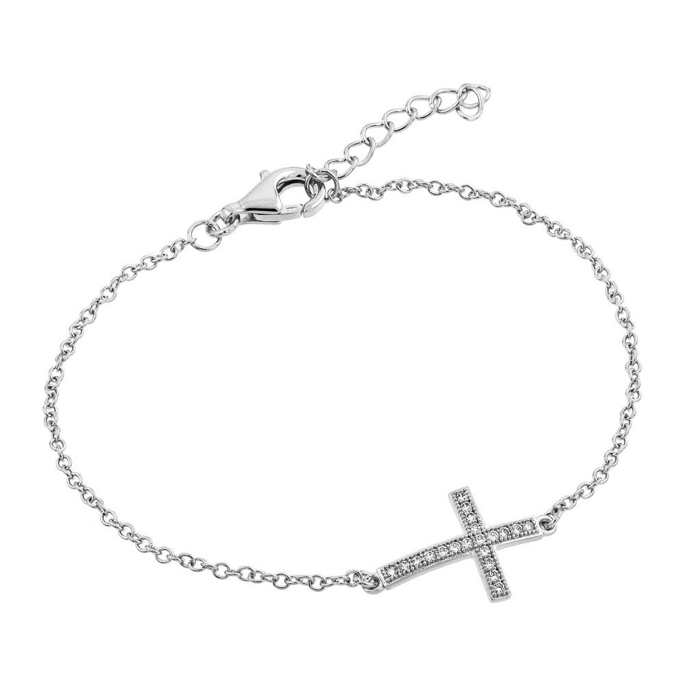Sterling Silver Bracelet with Sideways Cross Charm Paved with Clear Simulated Diamonds