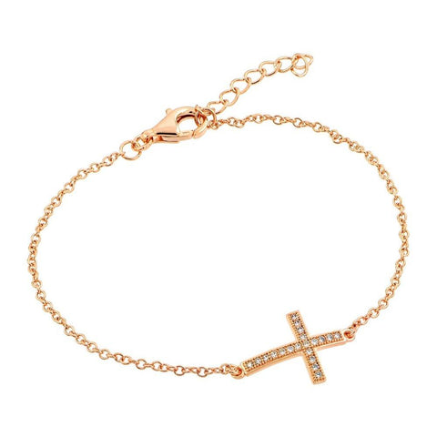 Sterling Silver Rose Gold Plated Bracelet with Sideways Cross Charm Paved with Clear Simulated Diamonds