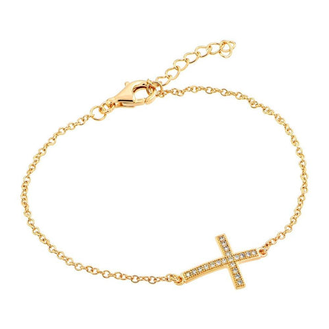 Sterling Silver Yellow Gold Plated Bracelet with Sideways Cross Charm Paved with Clear Simulated Diamonds