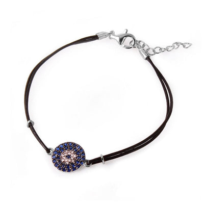 Sterling Silver Blue CZ Evil Eye Leather Strap Bracelet