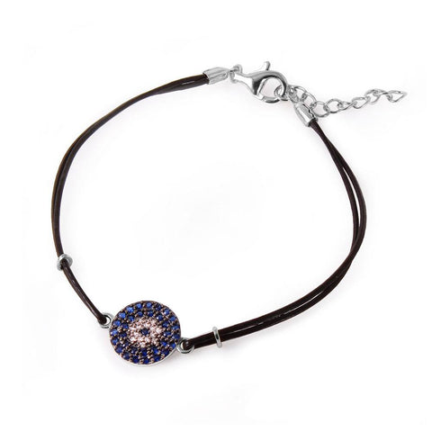 Sterling Silver Blue CZ Evil Eye Leather Strap Bracelet