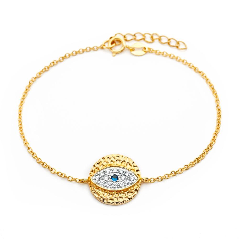 Sterling Silver Yellow Gold Plated Inlay Evil Eye Charm with Paved with Clear & Blue CZ Bracelet