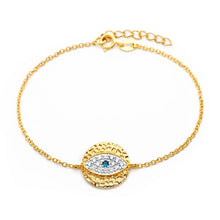 Load image into Gallery viewer, Sterling Silver Yellow Gold Plated Bracelet with Inlay Evil Eye Charm with Paved with Clear &amp; Blue Simulated Diamonds