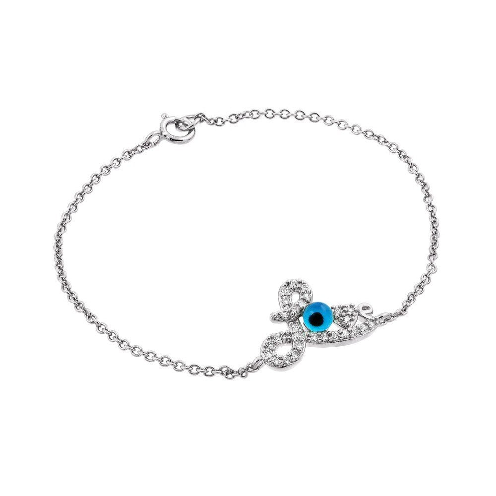 Sterling Silver Bracelet with LOVE  Charm Paved with Clear CZ and Evil Eye Charm