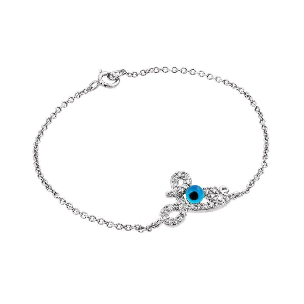 Sterling Silver Bracelet with  LOVE  Charm Paved with Clear Simulated Diamonds and Evil Eye Charm