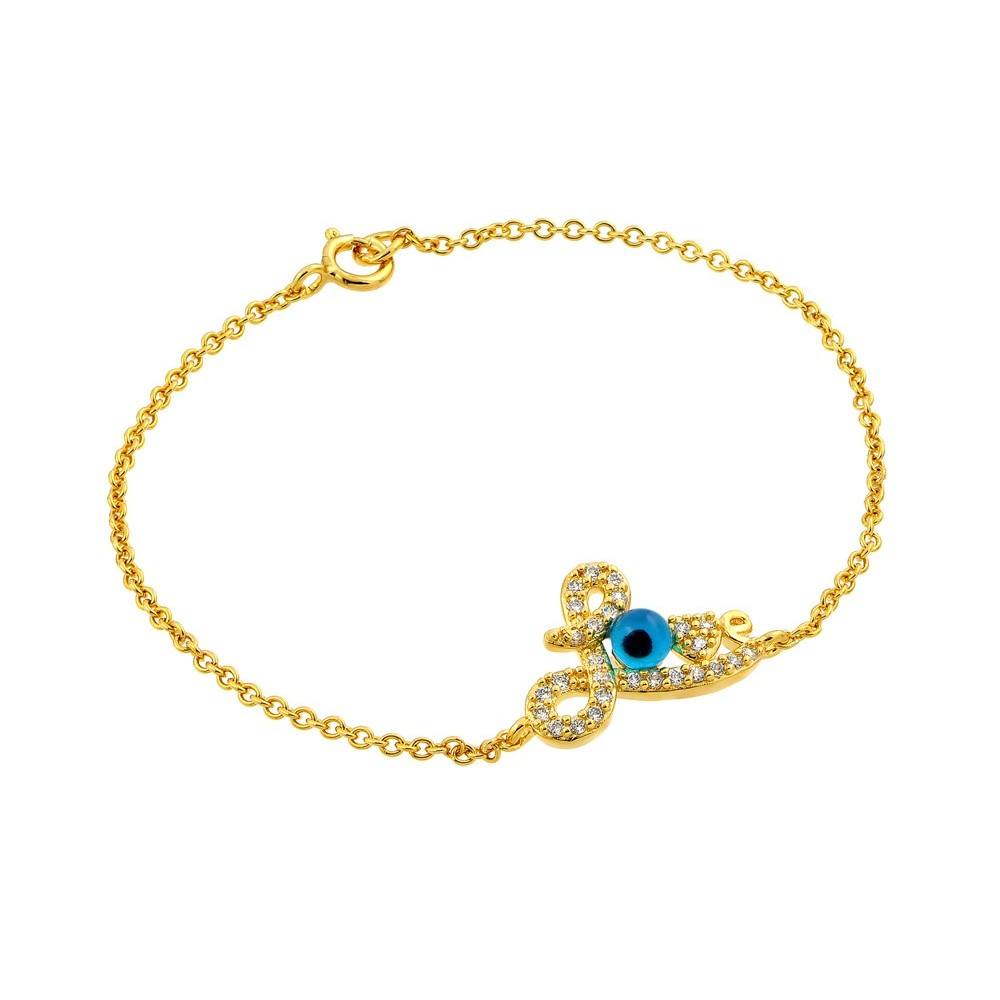Sterling Silver Yellow Gold Plated Bracelet with  LOVE  Charm Paved with Clear Simulated Diamonds and Evil Eye Charm