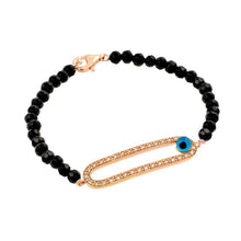 Load image into Gallery viewer, Black Bead Bracelet with Sterling Silver Rose Gold Plated Open Oval Deisgn Paved with Clear Simulated Diamonds and Side Evil Eye Charm