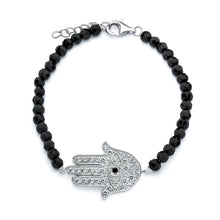 Load image into Gallery viewer, Black Bead Bracelet with Sterling Silver Sideways Hamsa Hand Paved with Clear &amp; Black Simulated Diamond