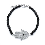 Black Bead Bracelet with Sterling Silver Sideways Hamsa Hand Paved with Clear & Black Simulated Diamond