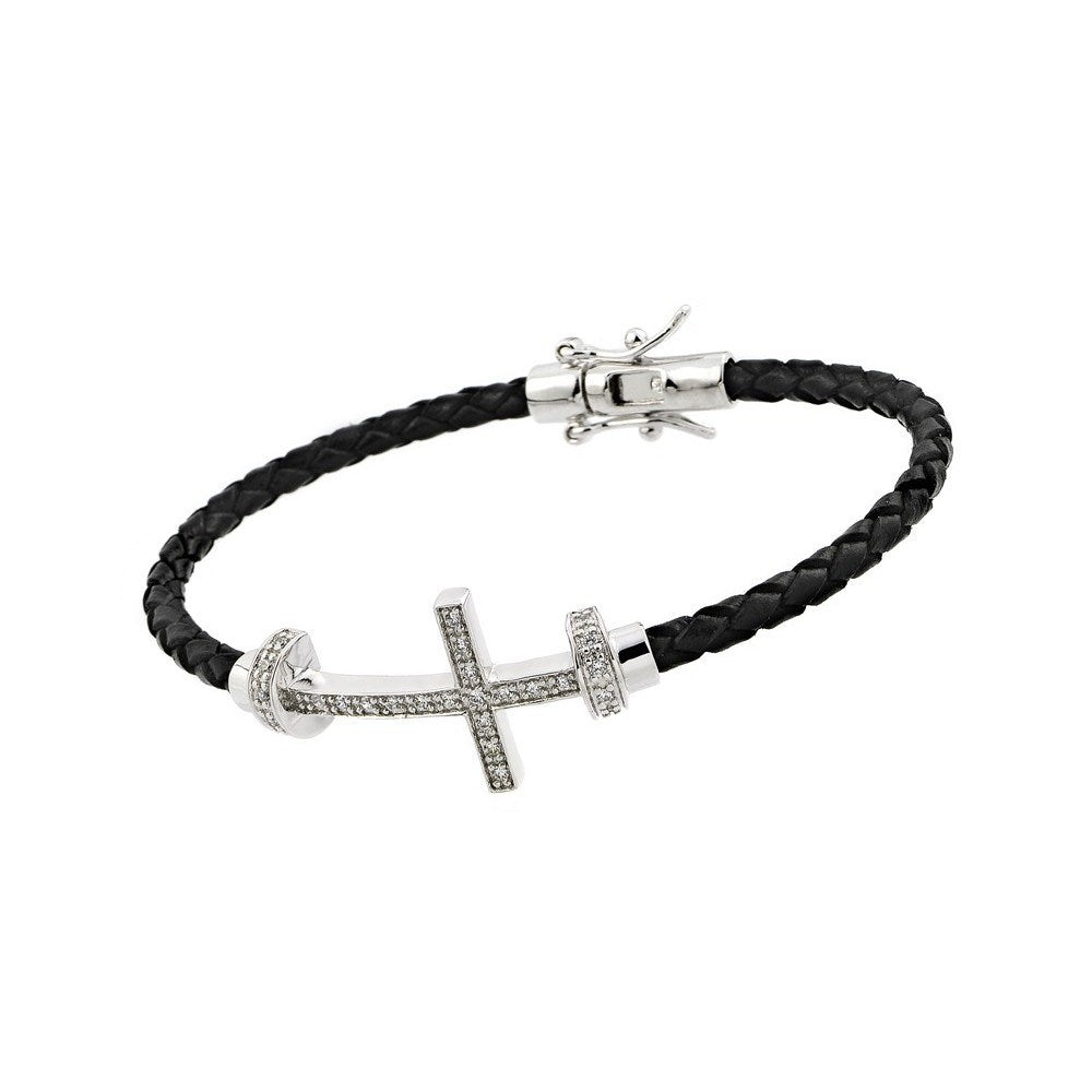 Black Rope Cord Bracelet with Sterling Silver Sideways Cross Charm Paved with Clear Simulated Diamonds