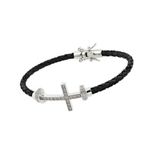 Load image into Gallery viewer, Black Rope Cord Bracelet with Sterling Silver Sideways Cross Charm Paved with Clear Simulated Diamonds