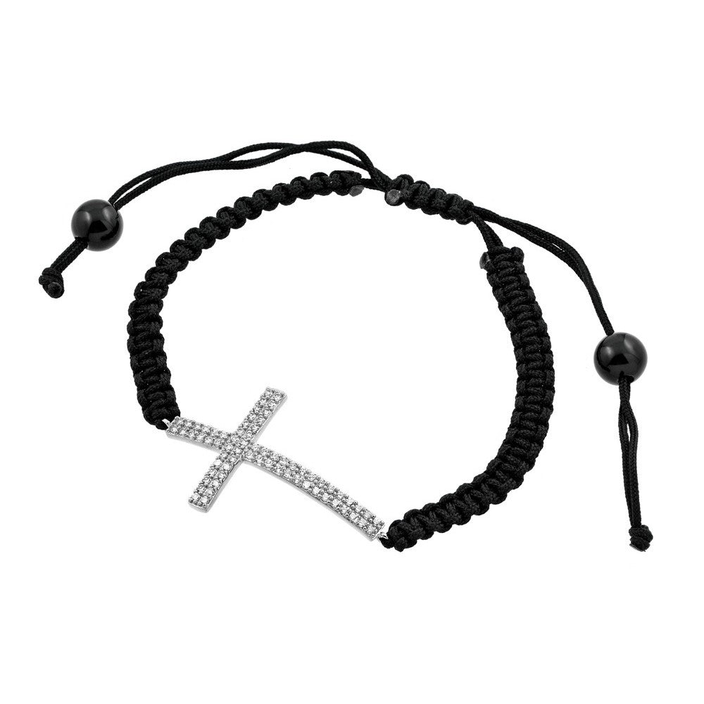 Black Braided Cord Bracelet with Sterling Silver Sideways Cross Charm Paved with Clear Simulated Diamonds