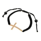 Black Braided Cord Bracelet with Sterling Silver Yellow Gold Plated Sideways Cross Charm Paved with Clear Simulated Diamonds