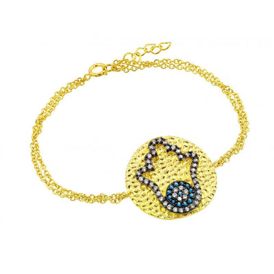 Sterling Silver Yellow Gold Plated Bracelet with Inlay Hamsa Hand Charm with Centered Evil Eye Paved with Clear & Blue Simulated Diamonds