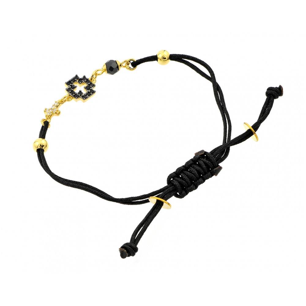 Black Cord Bracelet with Sterling Silver Yellow Gold Plated Open Cross Charm with Black Simulated Diamonds