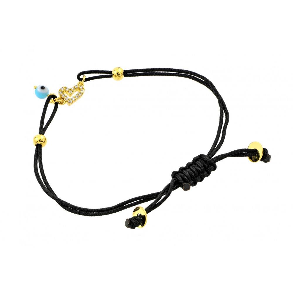 Black Cord Bracelet with Sterling Silver Yellow Gold Plated Open Heart Charm Paved with Clear Simulated Diamonds and Evil Eye Charm
