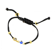 Load image into Gallery viewer, Black Cord Bracelet with Sterling Silver Yellow Gold Plated Heart Charm Paved with Clear Simulated Diamonds and Evil Eye Charm
