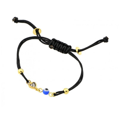 Black Cord Bracelet with Sterling Silver Yellow Gold Plated Heart Charm Paved with Clear Simulated Diamonds and Evil Eye Charm