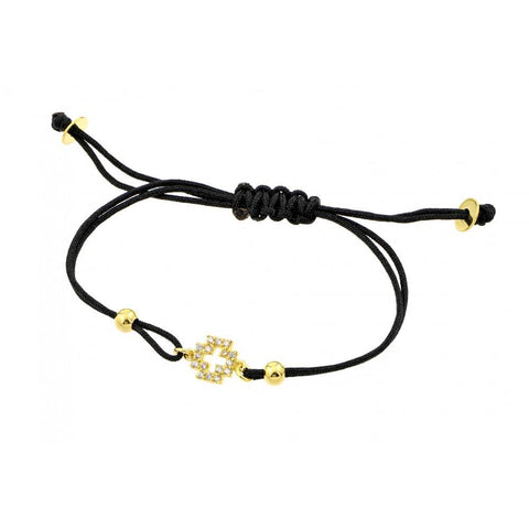 Black Cord Bracelet with Sterling Silver Yellow Gold Plated Open Cross Charm with Clear Simulated Diamonds