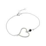 Sterling Silver Rhodium Plated Open Heart Outline Clear Black CZBracelet