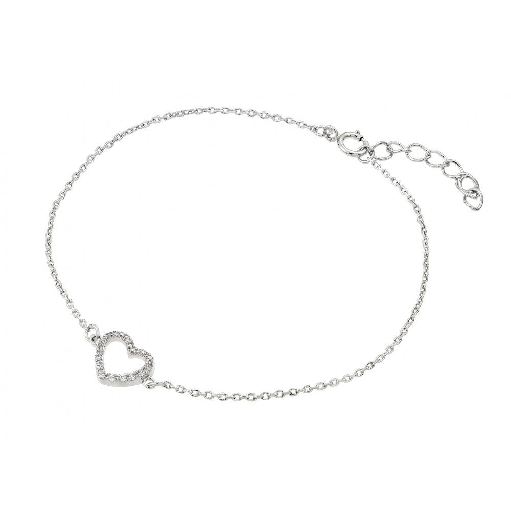 Sterling Silver Rhodium Plated Small Open Heart Clear CZ Outline Bracelet