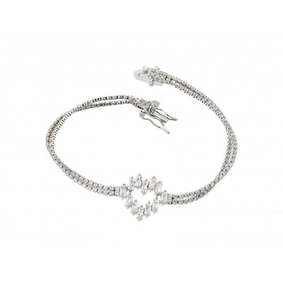 Sterling Silver Rhodium Plated Heart Baguette Bracelet
