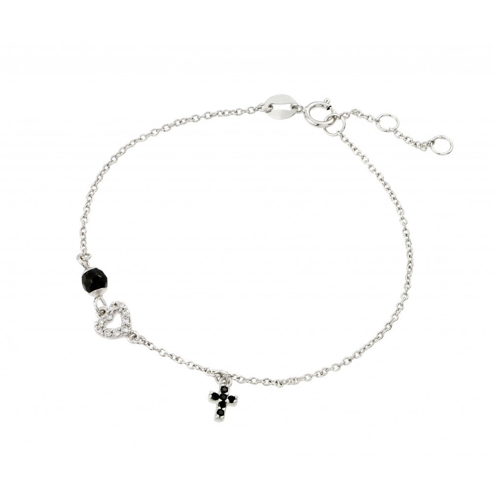 Sterling Silver Rhodium Plated Onyx Cross Heart Bracelet