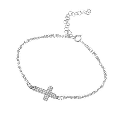 Sterling Silver Fancy Double Strands Bracelet with Centered Sideways Cross Design Embedded with Clear Cz StonesAnd Spring Clasp ClosureAnd Length of 7.25  with extension