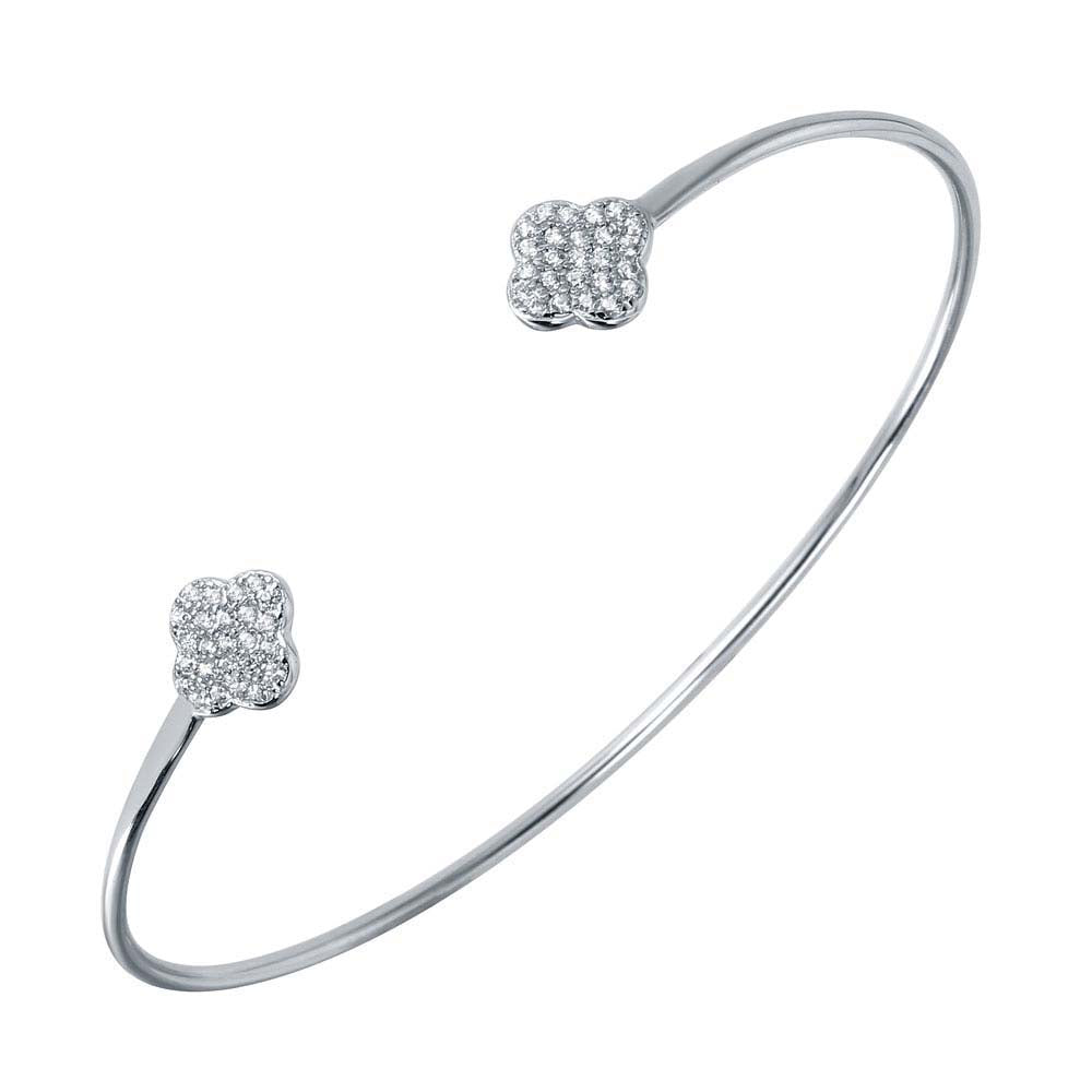 Sterling Silver Rhodium Plated CZ Clover Shaped Cuff Bracelet