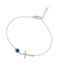 Load image into Gallery viewer, Sterling Silver Rhodium Plated Clear CZ Cross With Evil Eye Bracelet