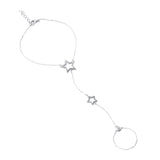 Sterling Silver Double Open Star Chain Finger Bracelet With CZ Accents