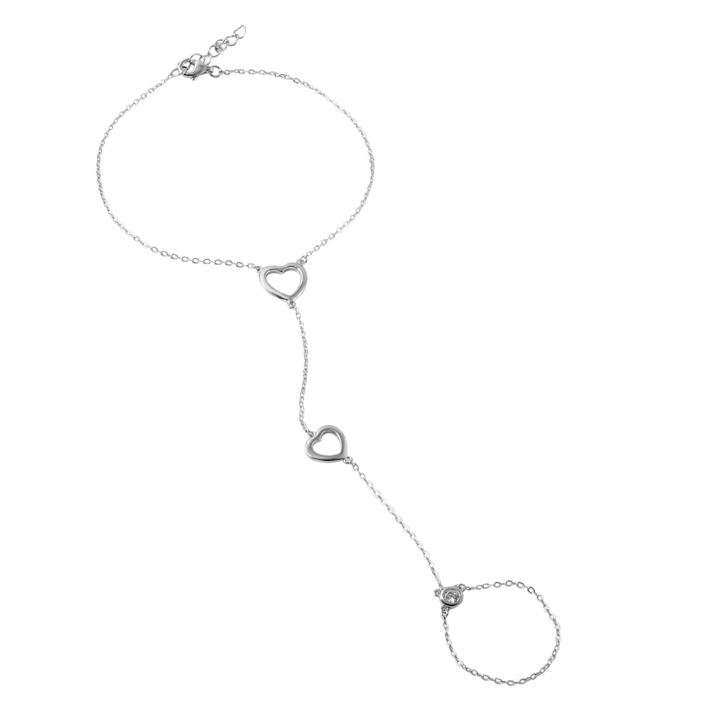 Sterling Silver Double Open Heart Chain Finger Bracelet With CZ Accents