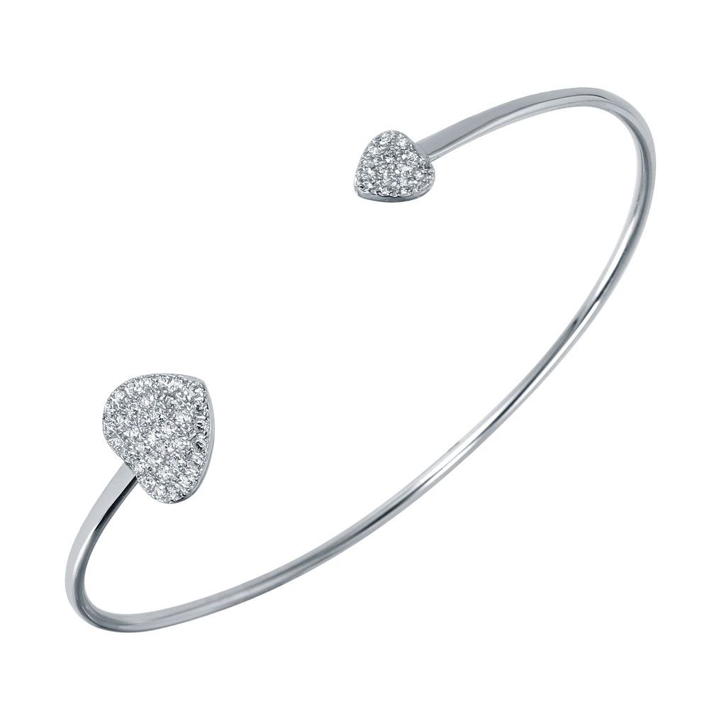 Sterling Silver Rhodium Plated CZ Big and Small Hearts Cuff Bracelet
