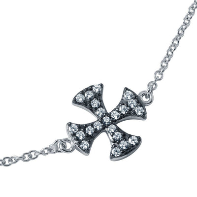 Sterling Silver Rhodium Plated CZ Iron Cross Chain Bracelet