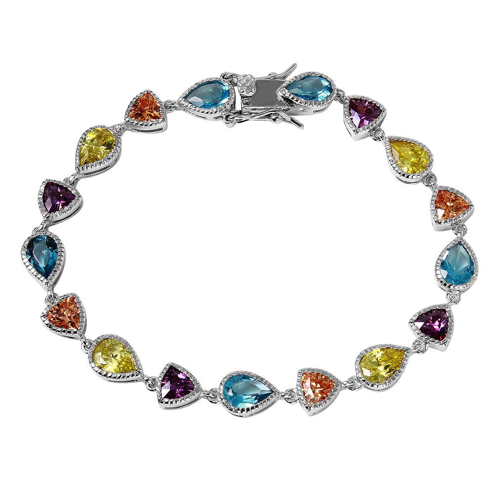Sterling Silver Rhodium Plated Multi Shape And Color CZ Tennis Bracelet