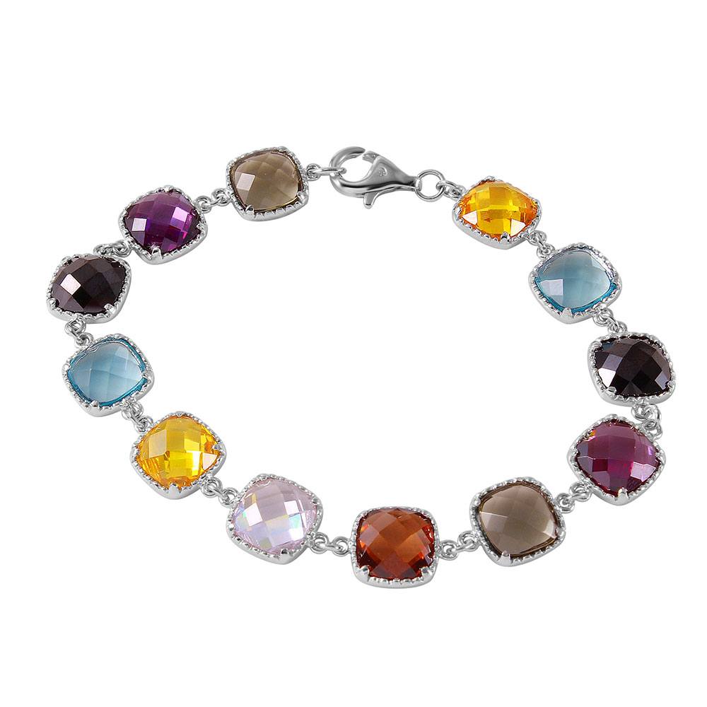 Sterling Silver Rhodium Plated Multi Color CZ Tennis Bracelet