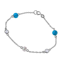 Load image into Gallery viewer, Sterling Silver Link Bracelet with Turquoise BeadsAnd Synthetic Pearl and CZ