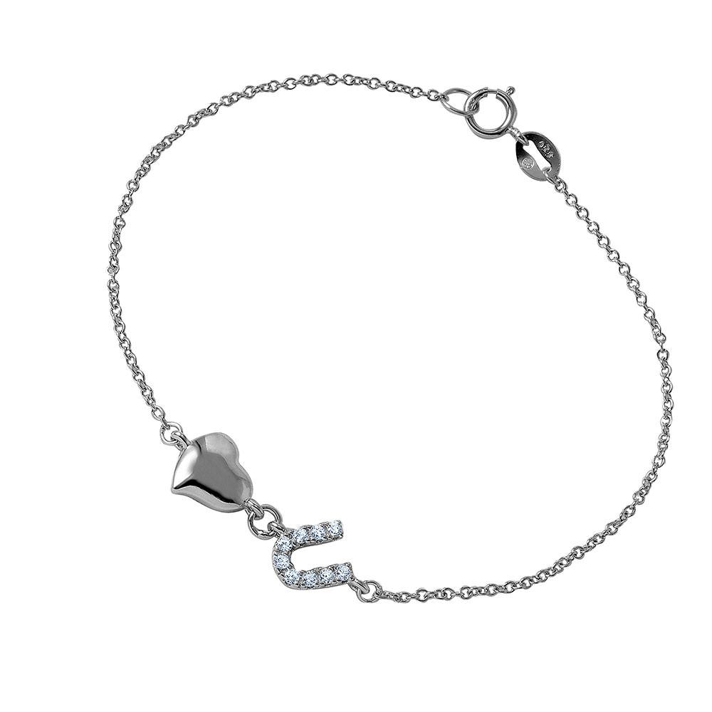 Sterling Silver Chain Link Bracelet with Love Shape and CZ U