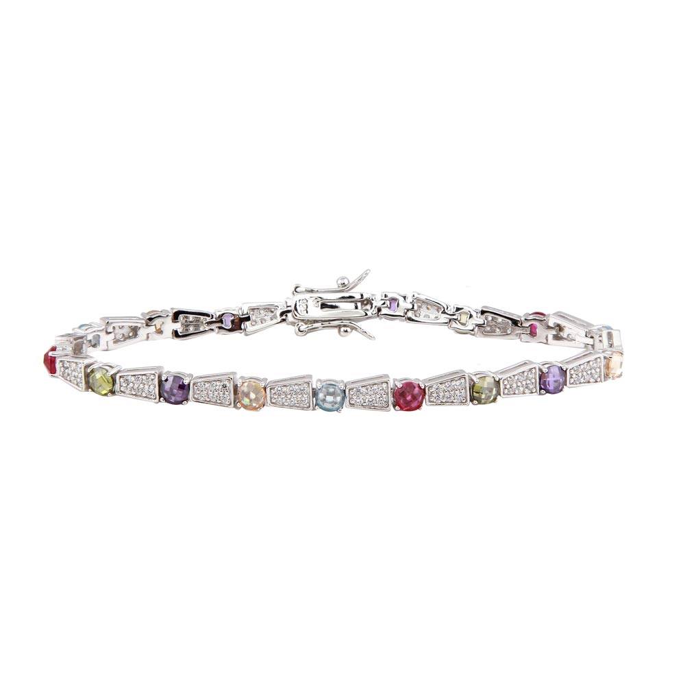 Sterling Silver Rhodium Plated Multi Color Tennis Bracelet