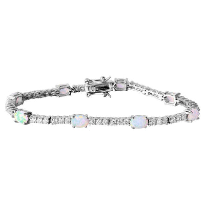 Sterling Silver Rhodium Plated Oval Opal and Round CZ Tennis Bracelet