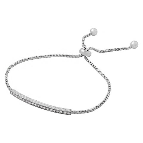 Sterling Silver Rhodium Plated Box Chain With CZ Lariat Bracelet