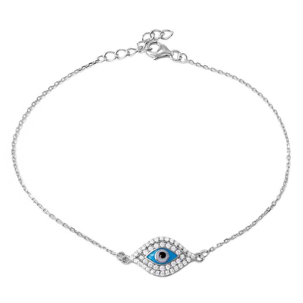 Sterling Silver Rhodium Plated CZ Evil Eye Chain Bracelet